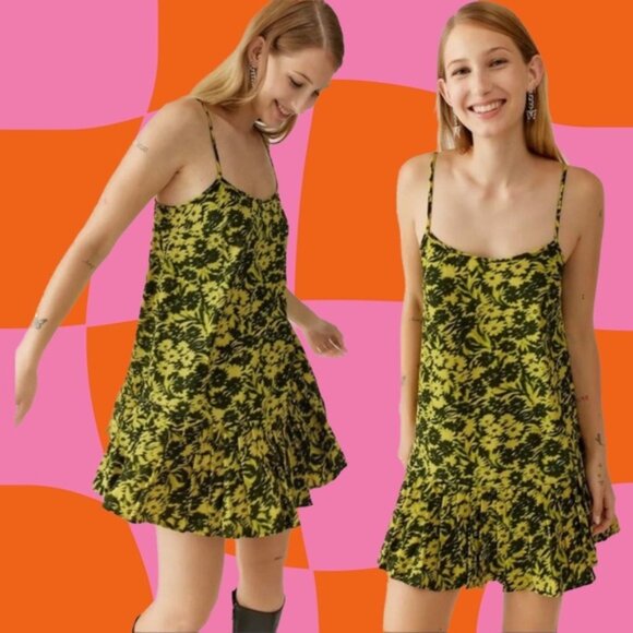 Urban Outfitters | Camille Mini Frock Dress Yellow Green Digitized Floral Print - Picture 1 of 16
